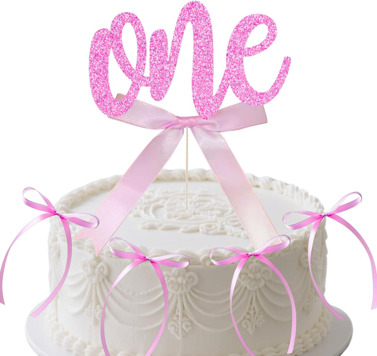 ALISSAR 1st Birthday Cake Topper with 8 Pink Bows – First Birthday Cake Decorations for Girls, Pink Bow, One Cake Topper for 1st Birthday Party