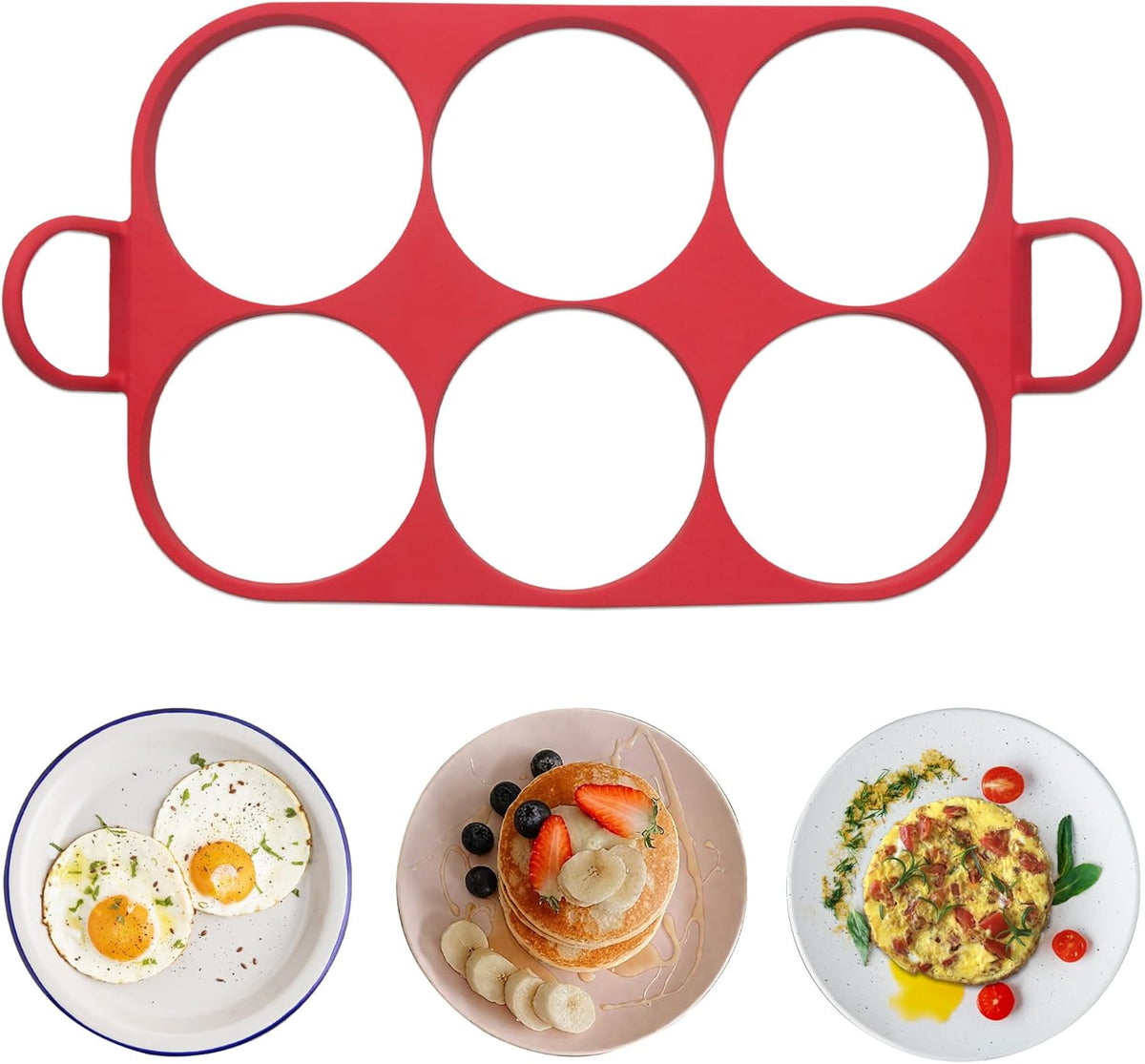 Baker's Friend 6 Round Silicone Egg Rings for Frying Eggs & Pancake, Non-Stick & Heat-Resistant, Ergonomic Handles, Omelette Ring for Griddle, 4 Inch, Red