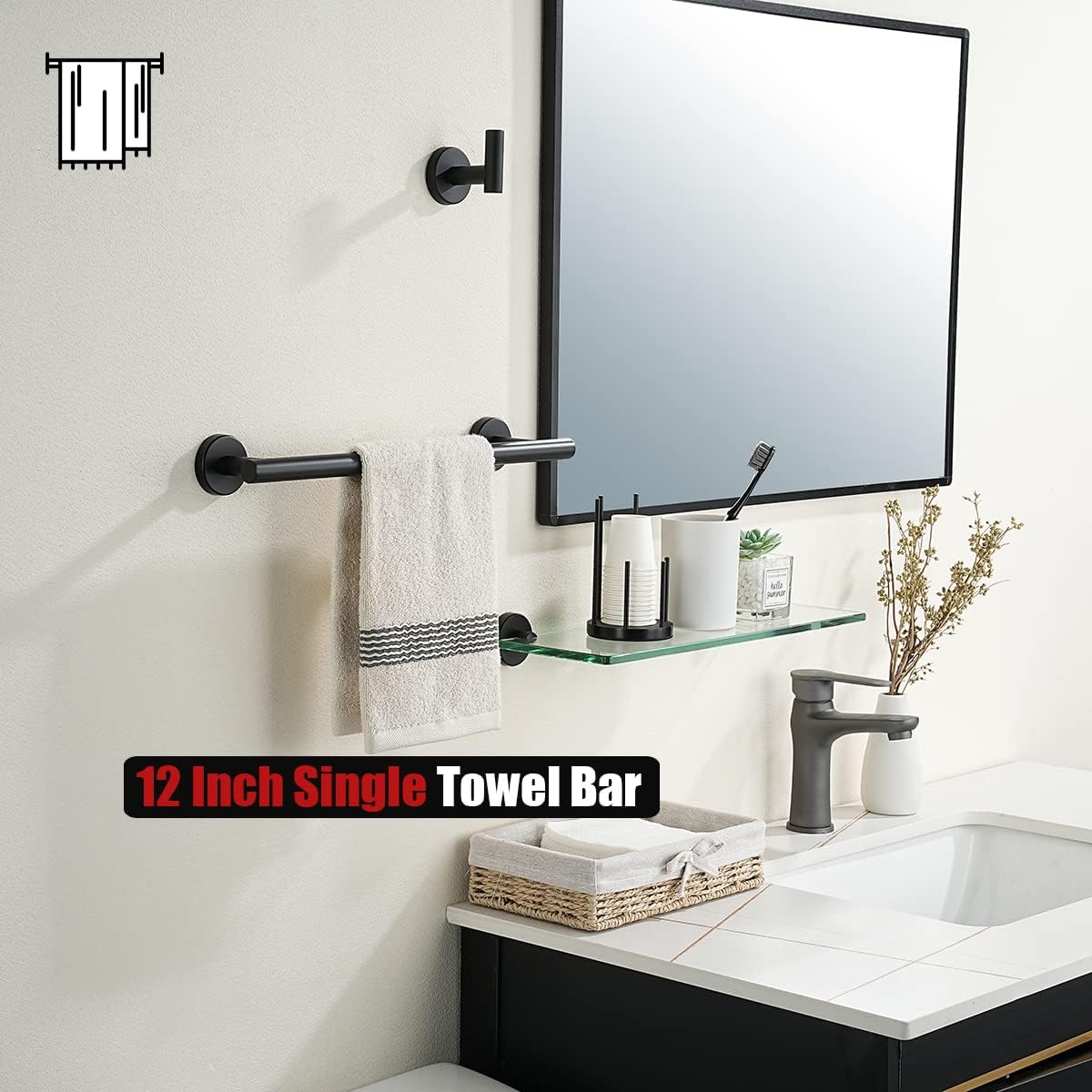JQK Black Towel Bar, 12 Inch 304 Stainless Steel Thicken 0.8mm Hand Towel Rack, Bathroom Towel Holder Matte Black Wall Mount, Total Length 15 Inch TB110L12-PB