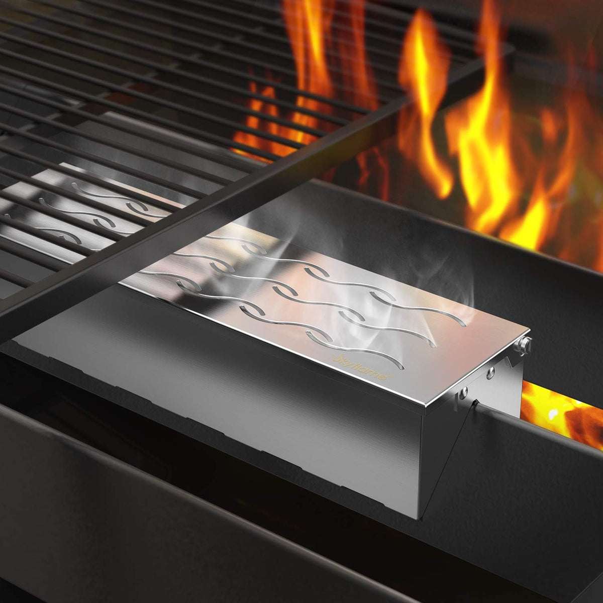 Skyflame Wood Chip Smoker Box, Stainless Steel Double V-shape BBQ Smoke Box with Hinged Lid for Charcoal & Propane Gas Grill, 12.5"(L) x 3.3"(W) x 2.5"(H), U.S. Design Patent