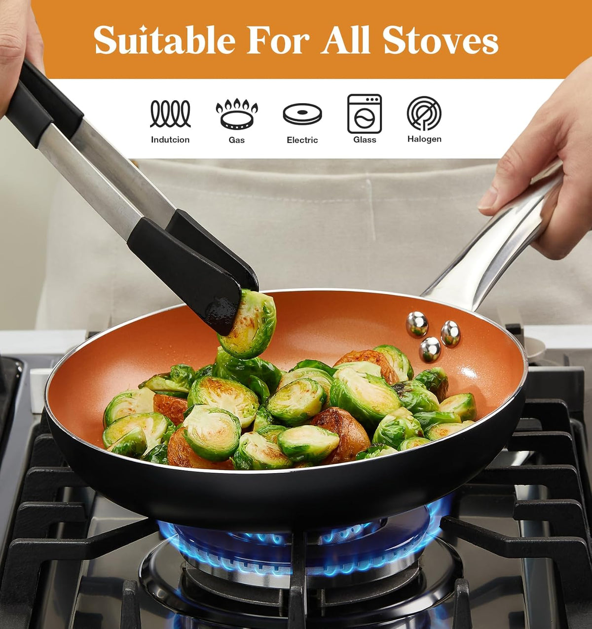 KOCH SYSTEME CS 10in Copper Nonstick Frying Pans with Lids and Titanium Ceramic Interior,100% PFOA-Free Saute Pan/Skillet for All Stove Tops,Stainless Handle,Omelet Pan Cookware