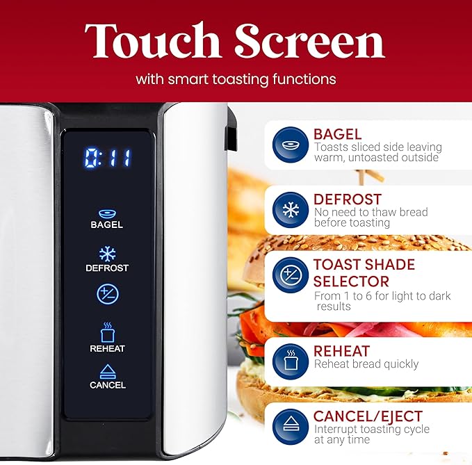 Elite Gourmet ECT5322 Long Slot 4 Slice Toaster, Countdown Timer, Bagel Function 6 Toast Setting, Defrost, Cancel Function, Built-in Warming Rack, Extra Wide Slots for Bagels Waffles, Stainless Steel