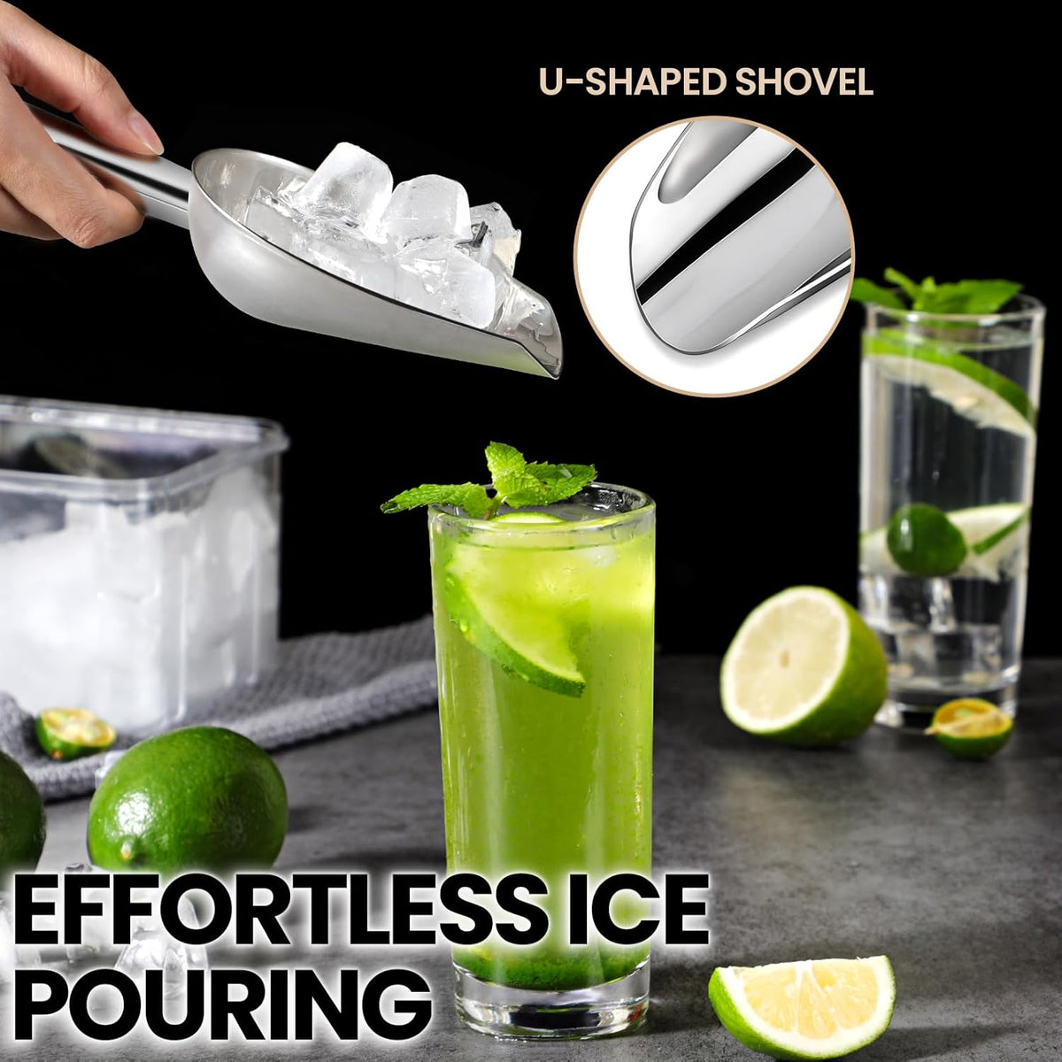 12oz Stainless Steel Ice Scoop for Freezer – Dishwasher Safe Metal Scooper with Long Handle for Ice Machines, Buckets, Dog Food, Flour, and Canisters – Ideal for Bar, Parties & Weddings