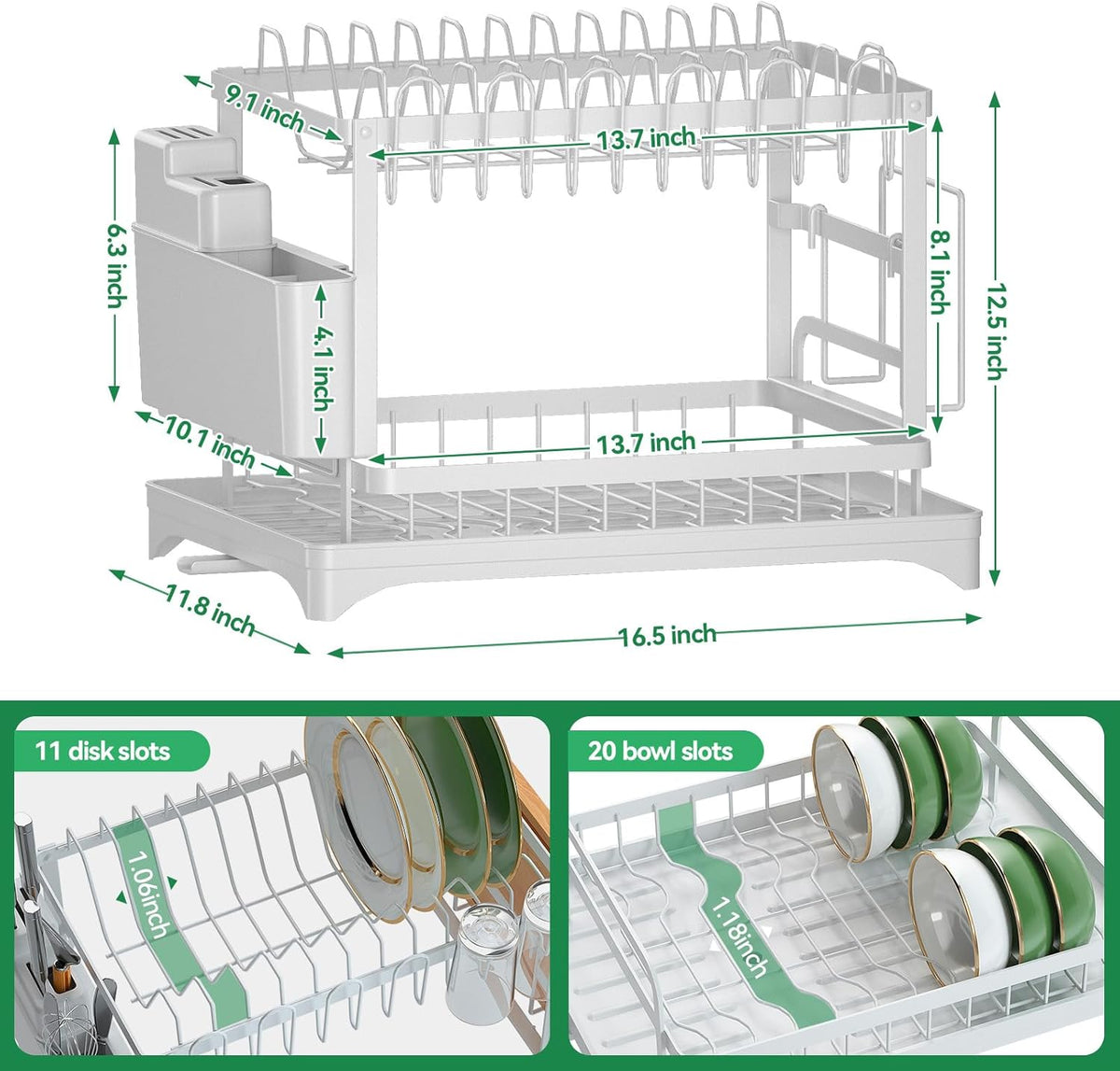 2-Tier Dish Drying Rack with Drainboard, Sink & Countertop Metal Dish Rack Organizer, Dish Drainers for Kitchen Counter, White Dish Racks