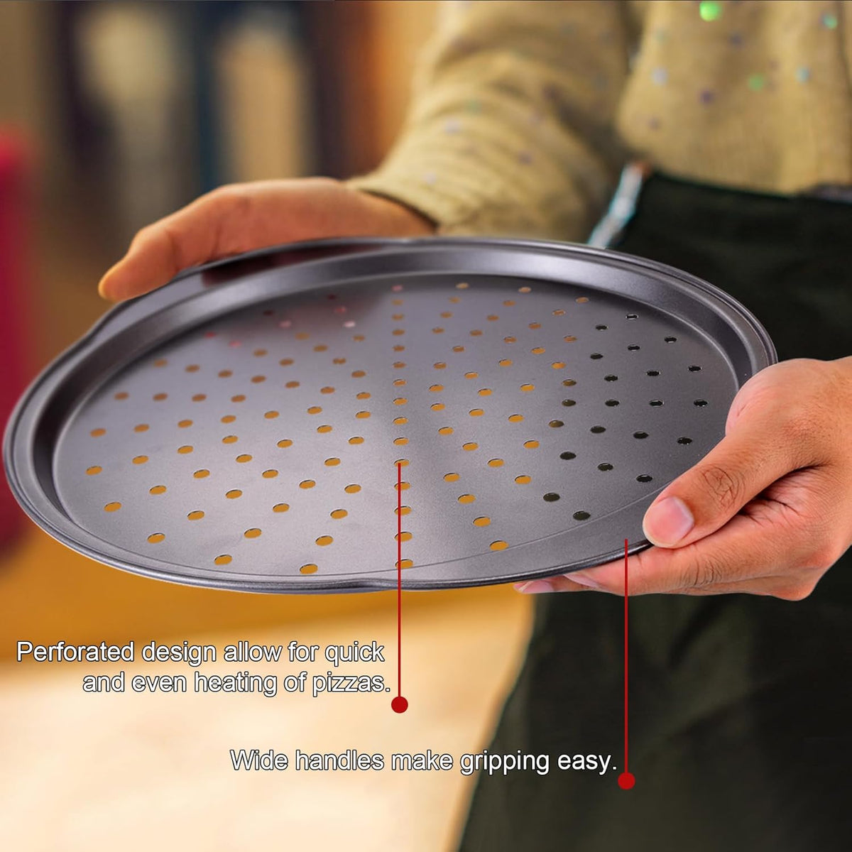 Unokit Pizza Pan for Oven - 13" 2PCS Round Carbon Steel Pizza Pan, Non-Stick Pizza Tray with Perforated Holes and Grip Handles, Dishwasher Safe, Grey