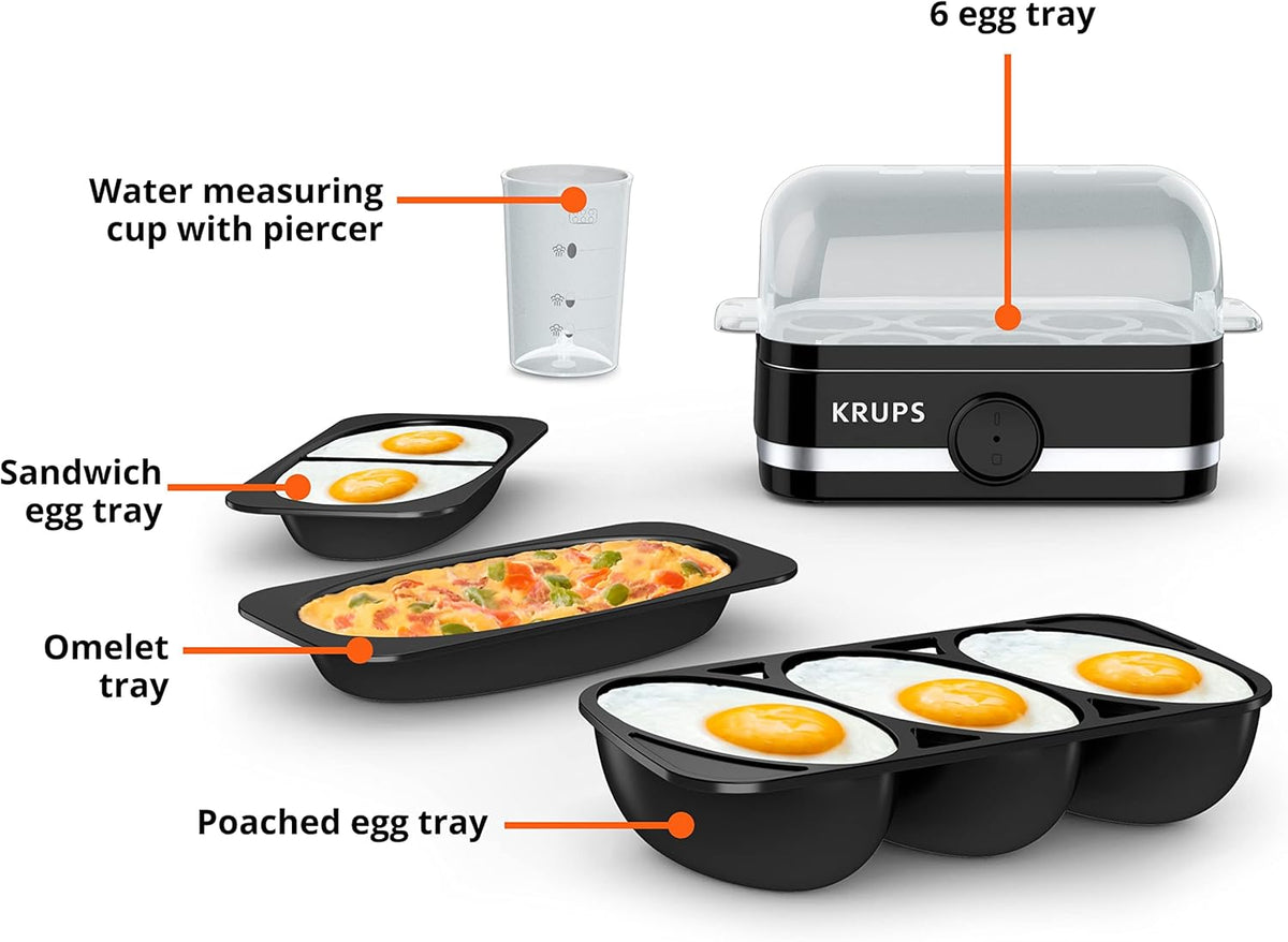 KRUPS: Simply Electric Plastic and Stainless Steel Egg Cooker 6 Eggs 400 Watts Hard, Medium, and Soft Boiled, Poached, Scrambled, Omelets, Rapid Cook Black