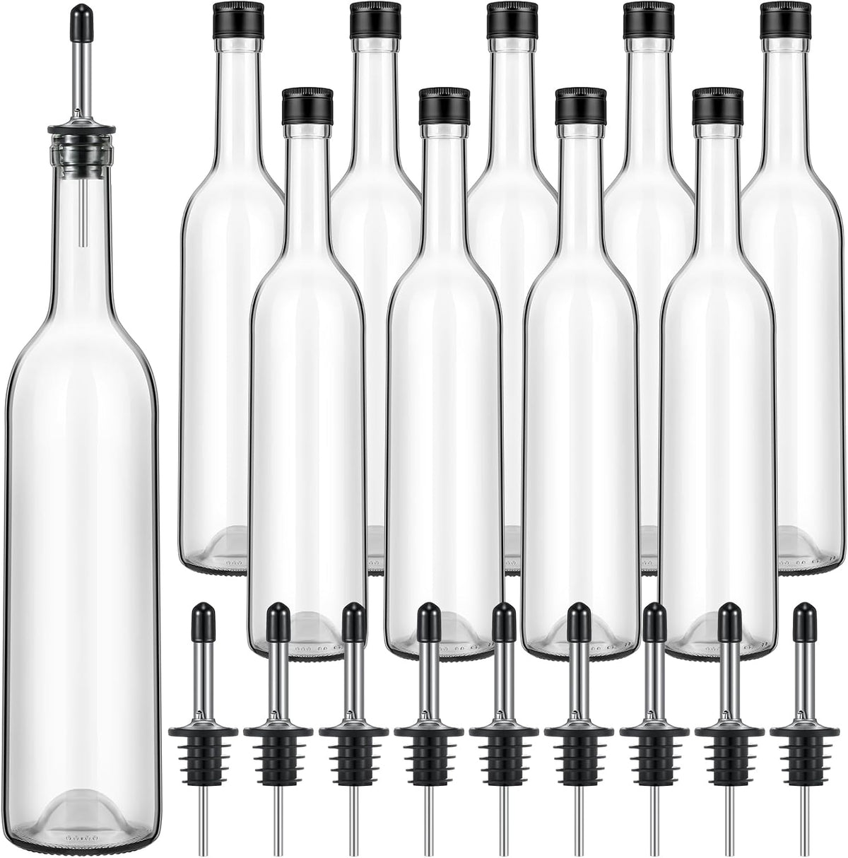 Maxdot 10 Pcs Long Neck Glass Bottles with Pourer Bordeaux Wine Bottle Clear Empty Wine Syrup Juice for Home Bar Liquor Juice Making Wedding Anniversary Party(Stainless)
