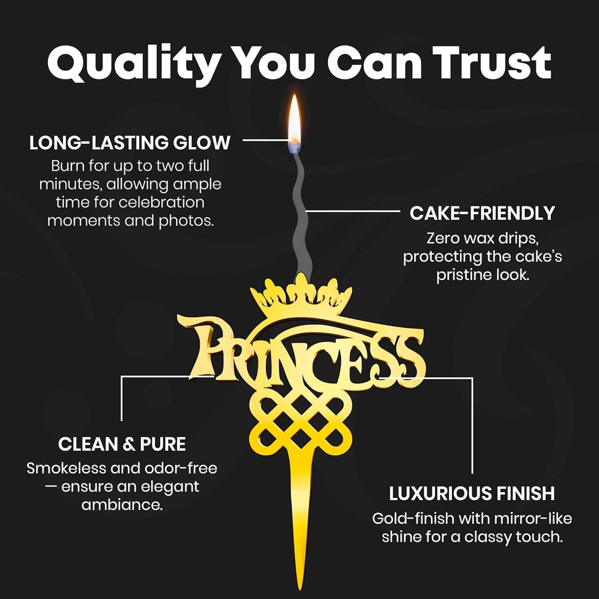 Princess Reusable Gold Romantic Cake Candle - Luxury Cake Topper Candle for Birthdays, Weddings & Anniversaries - Reusable Food Safe Acrylic, Shiny Mirror Finish - Happy Birthday Cake Topper Decor