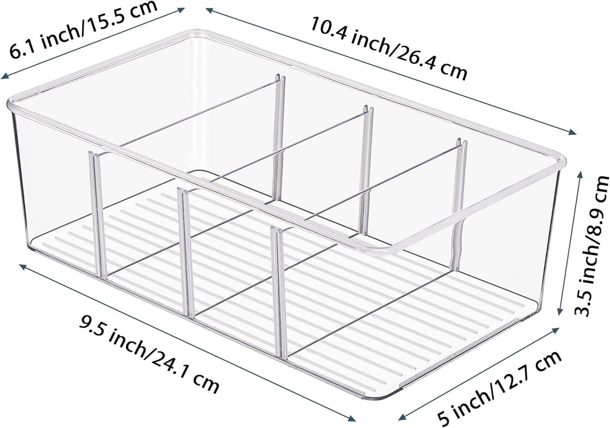 Vtopmart 4 Pack Food Storage Organizer Bins, Clear Plastic Bins for Pantry, Kitchen, Fridge, Cabinet Organization and Storage, 4 Compartment Holder Packets, Snacks, Pouches, Spice Packets