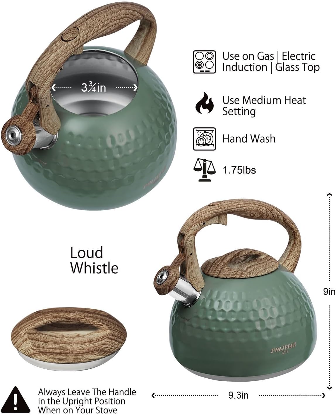 POLIVIAR Tea Kettle, 2.7 Quart Stovetop Tea Kettle, Audible Whistling Teapot, Food Grade Stainless Steel for Anti-Rust, Anti Hot Handle, Suitable for All Heat Sources (JX2020-RH30-2)