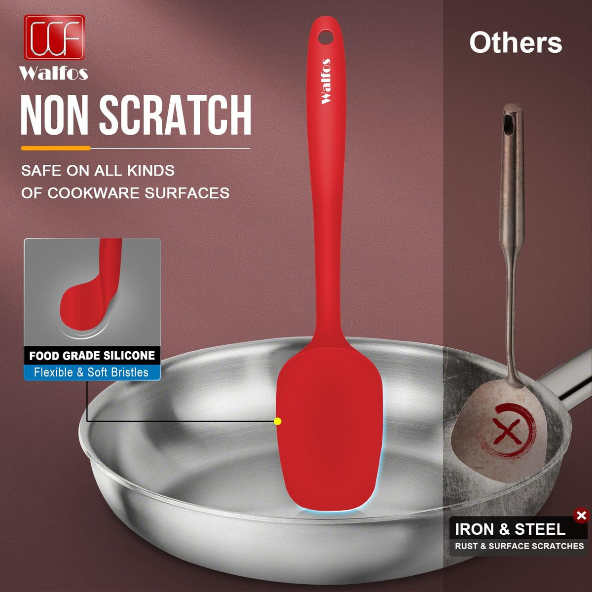 Walfos Silicone Spatula - 600°F High Heat Resistant Kitchen Spoon Spatulas, Strong Steel Core & One-Pieces Seamless Design, Perfect for Cooking Mixing & Baking - BPA Free & Dishwasher Safe 2 Set, Red