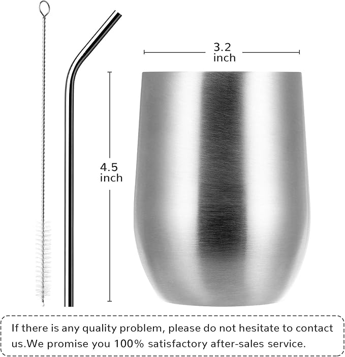 MEWAY 12oz/8 Pack Wine Tumbler Glasses with Lid - Stemless Double Wall Vacuum Stainless Steel Travel Tumbler - Keeping Cold & Hot for Wine,Coffee,Cocktails,Drinks-Family and Gifts (Silver,Set of 8)