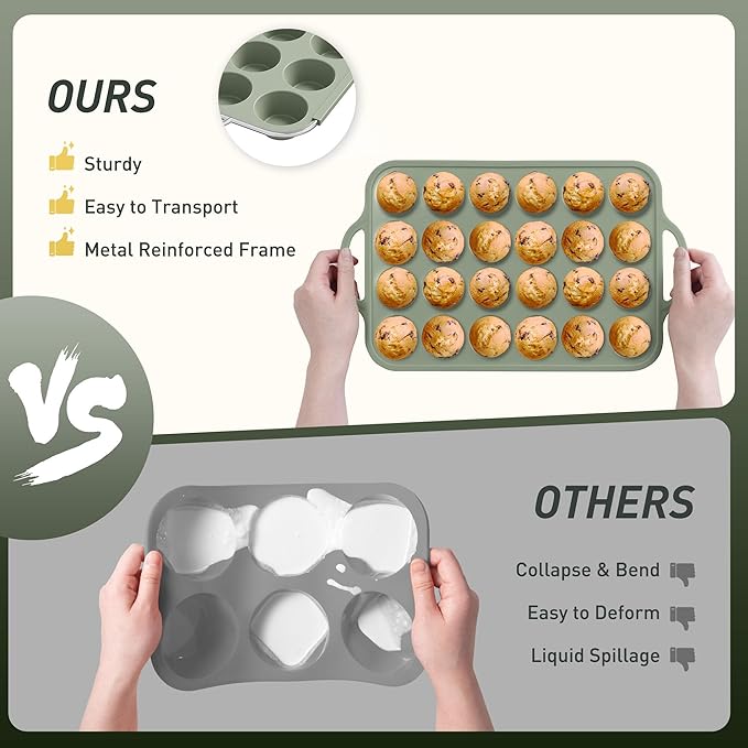 2 Packs 24 Cups Silicone Muffin Pan with Metal Reinforced Frame Mini Size Cupcake Pan Tray Egg Bites Silicone Circle Cookie Molds Muffin Tin Tart Pans Baking Sheet Set for Breakfast Sandwiches