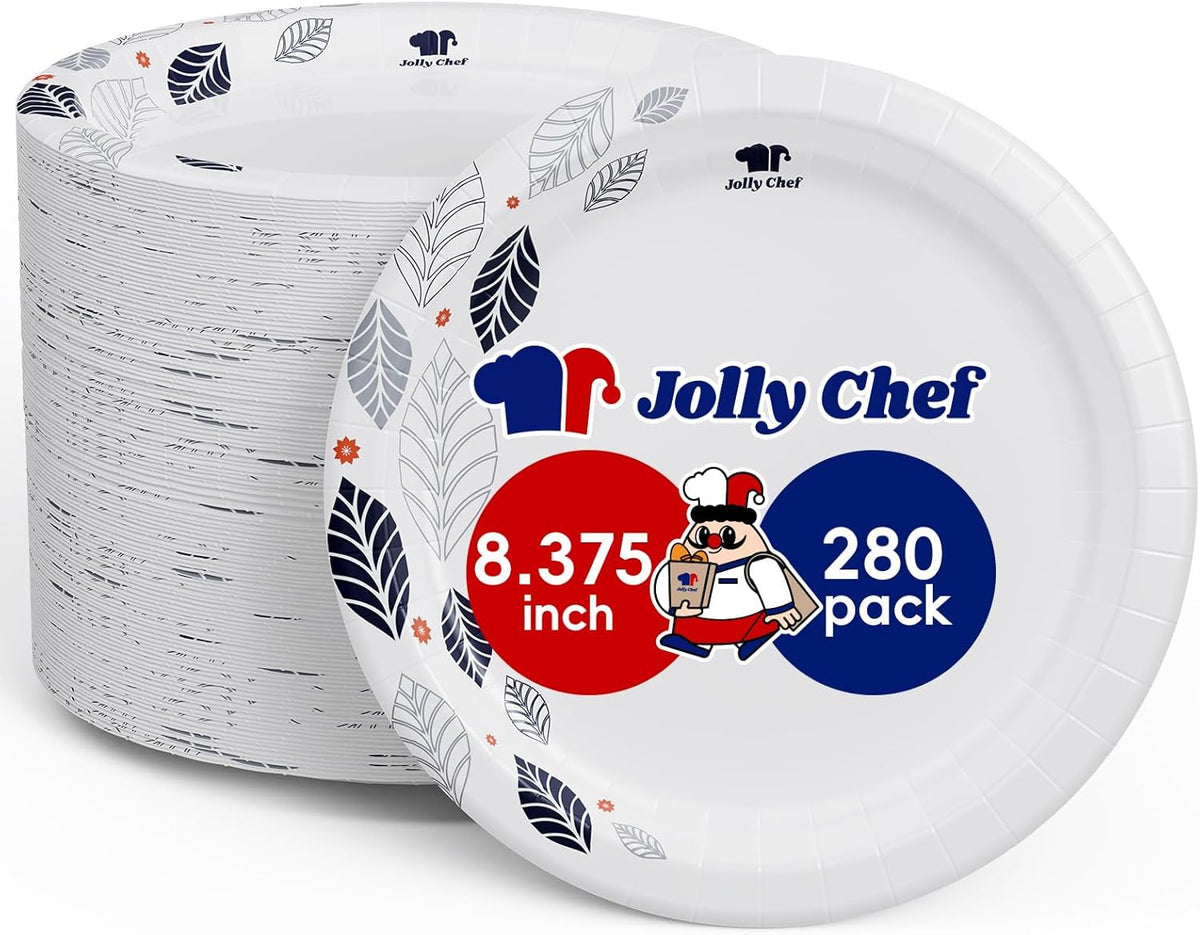 JOLLY CHEF 280 Count Paper Plates 8 inch Soak Proof, Cut Proof, Heavy Duty Leaf Printed Disposable Paper Plates for Everyday Use