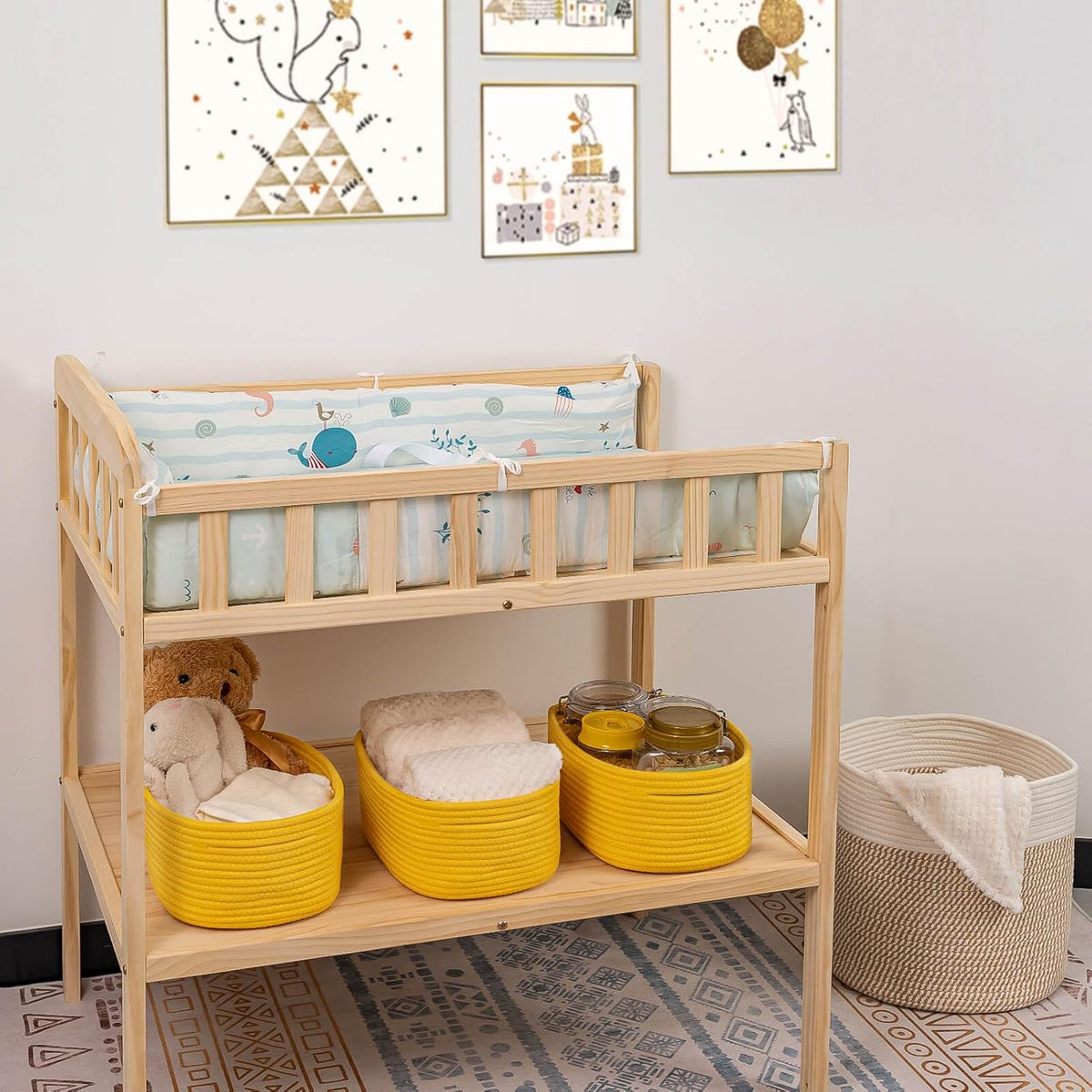 CubesLand Rope Woven Storage Baskets, Small Baby Nursery Organizer Basket, Rectangular Organization/Storage Bins, Closet Shelves Baskets，Empty Gift Basket 3 Packs, Yellow