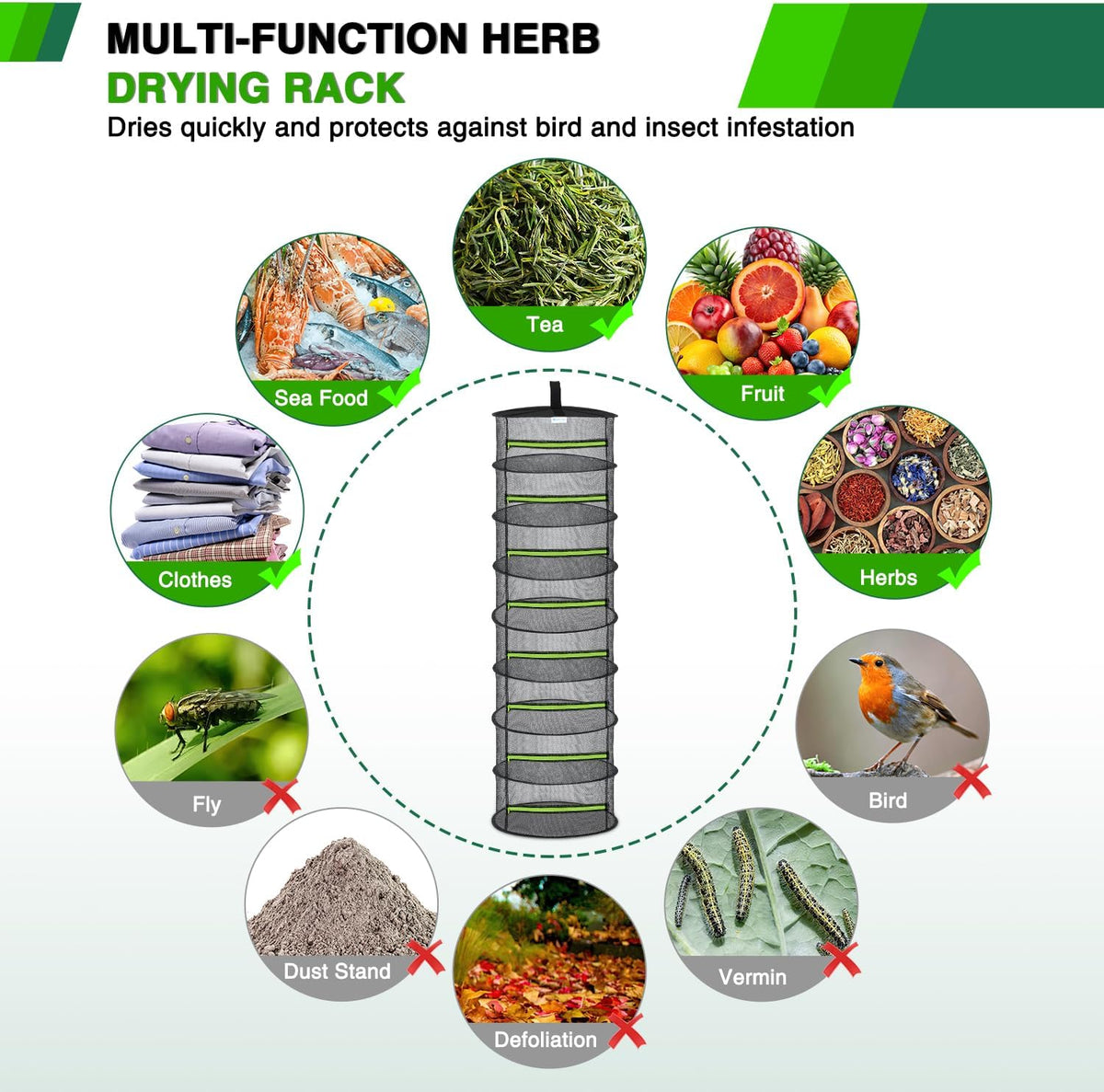 Yesker 8 Layer Herb Drying Rack Hanging Mesh Foldable Plant Drying Racks 24" w Green Zipper Pruning Shears Gloves Dryer Hanging Rack for Herbs Seed Bud Fruit Clothes Grow Tent Closets Garden Outdoor