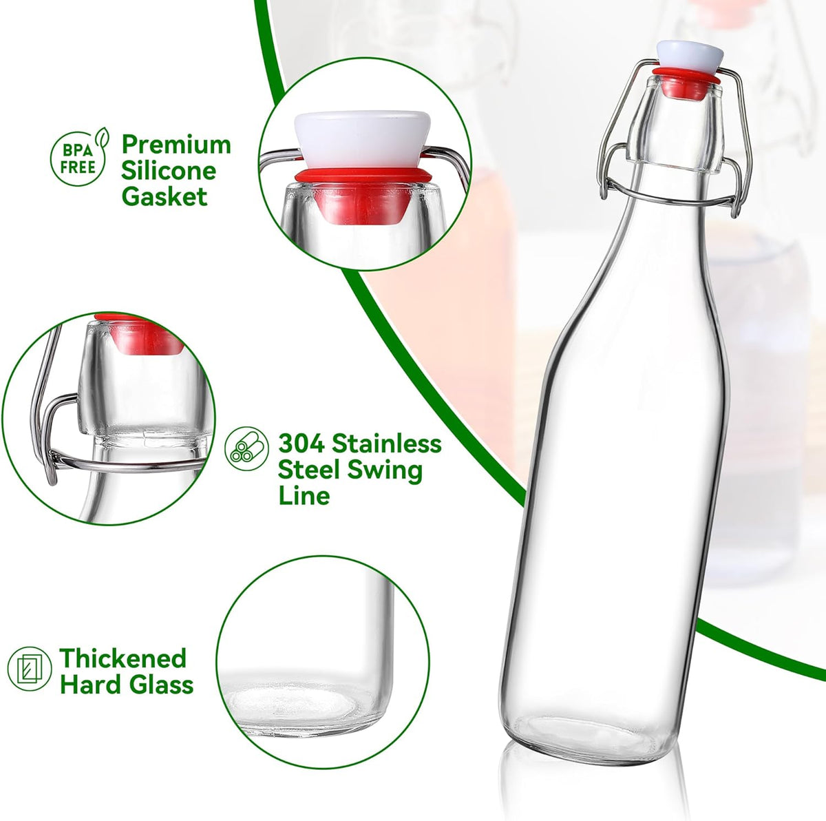 Leetaltree 12-Pack 16oz Swing Top Glass Bottles Set, Airtight Lid, Flip Top Bottles for Kombucha, Beverages, Beer, Oils