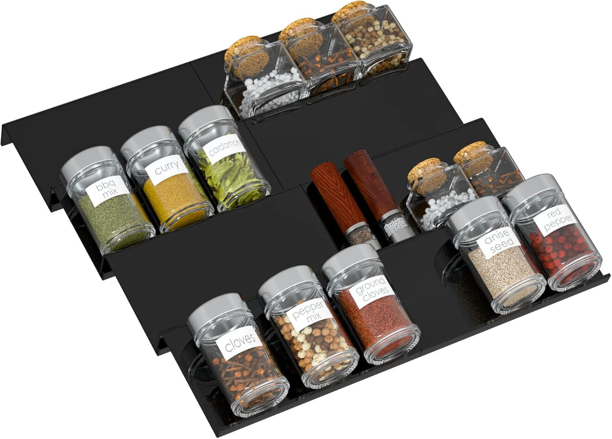 Adjustable Acrylic Spice Drawer Organizer Rack, Spice Drawer Organizer Shelf Expandable From 8 Inch to 16 Inch, Acrylic Drawer Organizer for Seasoning Jars