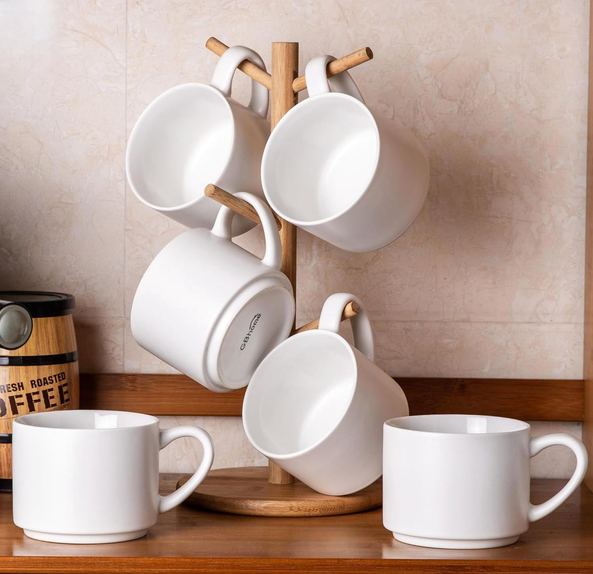 GBHOME 14 OZ Coffee Mugs Set of 6, Stackable Ceramic Mugs for Men, Women, Modern Coffee Mugs With Stable Base for Latte, Tea, Cappuccino. Dishwasher & Microwave Safe, Matte White