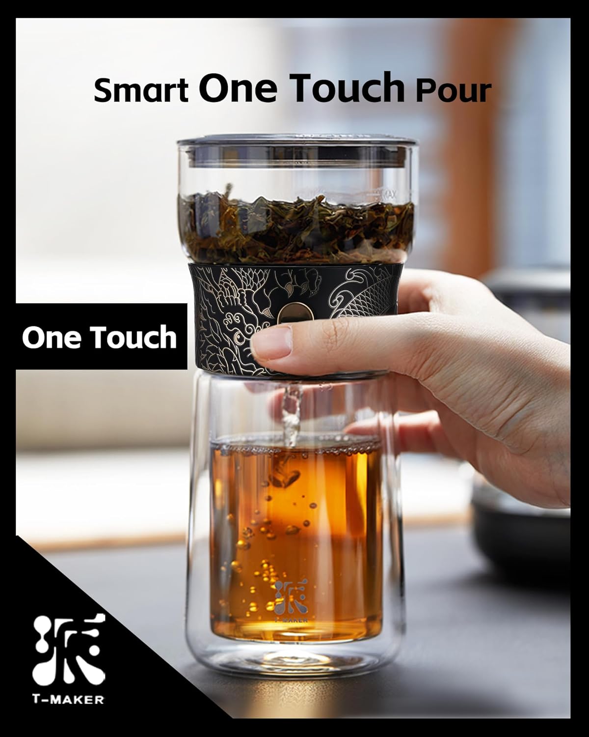 ZENS Cool Glass Teapot with Infuser, Smart One Touch Tea Maker for Loose Tea Diffusers with Insulated Mug and Portable Tea Kits, Enchanted Teapot Alternatives for Tea Lover Gifts