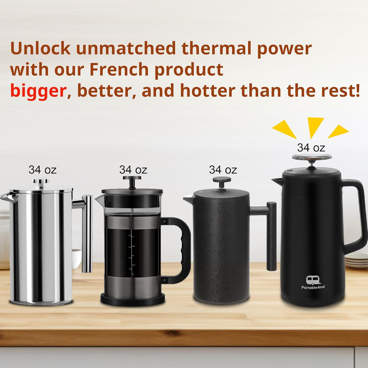 PortableAnd 34oz Double Vacuum Insulation Large Silicone French Press Coffee Maker with Silicone Ring, Stainless Steel, Perfect for Camping, Travel, and At-Home Use (Matte Black)