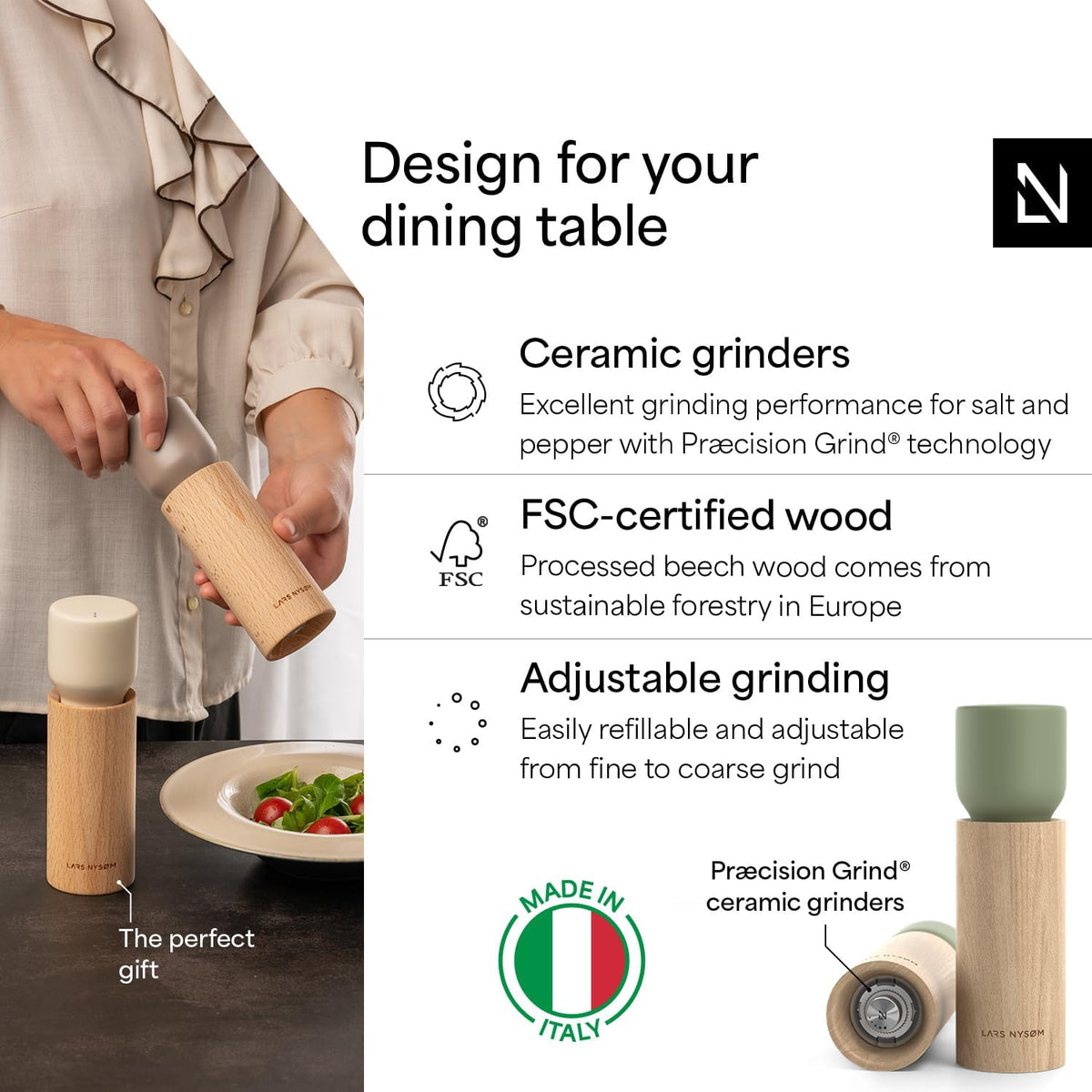 LARS NYSØM Wooden Salt and Pepper Grinder Set Manual with Tray - Salt and Pepper Mills with Adjustable Ceramic Grinder - Elegant Beechwood Pepper and Salt Mill Set for Dining Table (Sage Green)