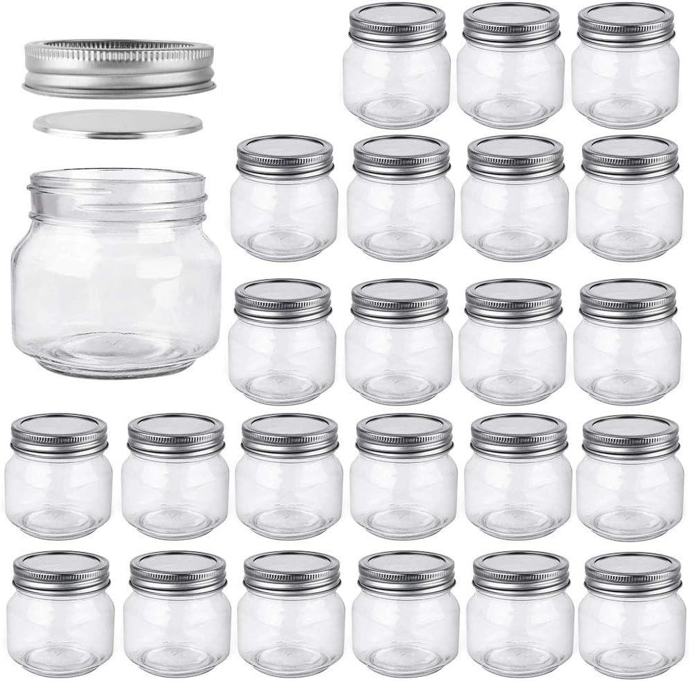 Betrome 8 oz Mason Jars, 24 Pack 240ml Glass Canning Jars with Regular Mouth Lids, Glass Storage Containers for Overnight Oats, Jam, Jelly, Honey, Beans, Spice, Wedding Party Favor, Shower Favor