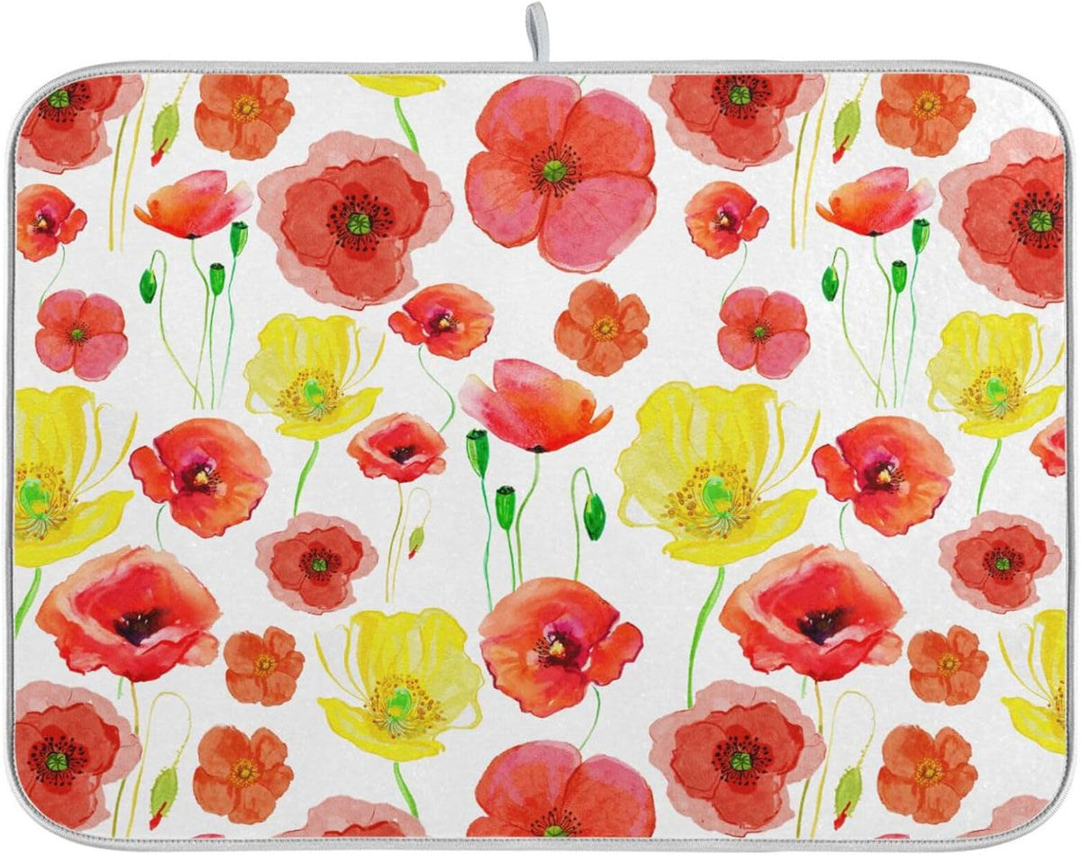 Yellow Red Poppy Flowers Dish Drying Mat for Kitchen Counter Absorbent Microfiber Drying Pad, Medium 16x18 in, Reversible Drainer Mats