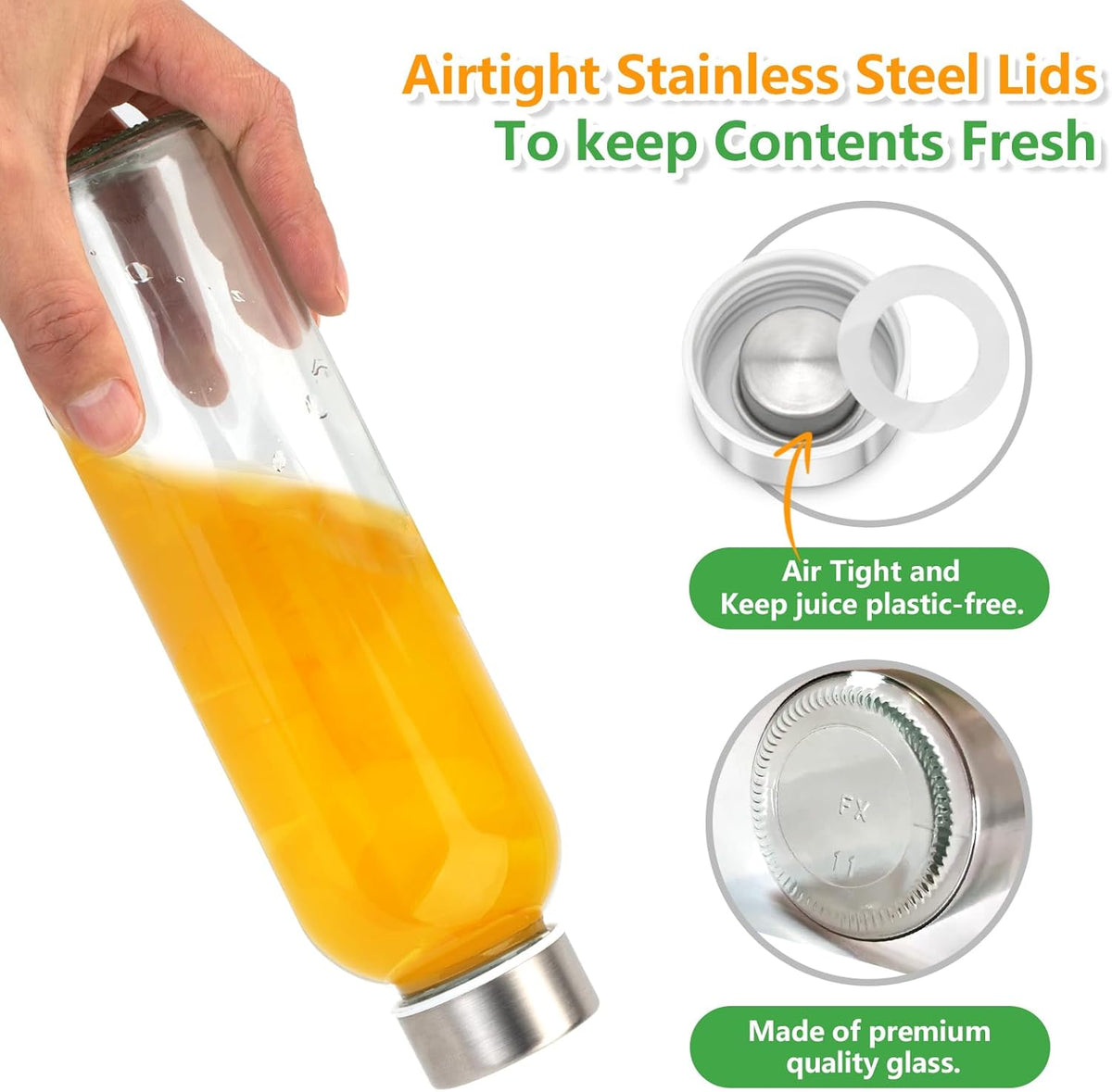 Zukro Glass Water Bottles with Lids 18 oz, 12 Pack Reusable Juice Bottles With Stainless Steel Airtight Cap for Juicing, Leak Proof Clear Drinking Jar Beverage storage container for Fridge, BPA Free