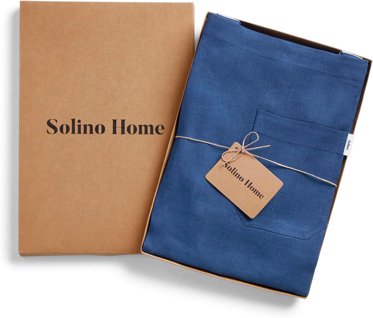 Solino Home Linen Kitchen Apron for Men & Women - Indigo Blue/Soft Grey Bib Apron with Front Pockets - Handcrafted from European Flax