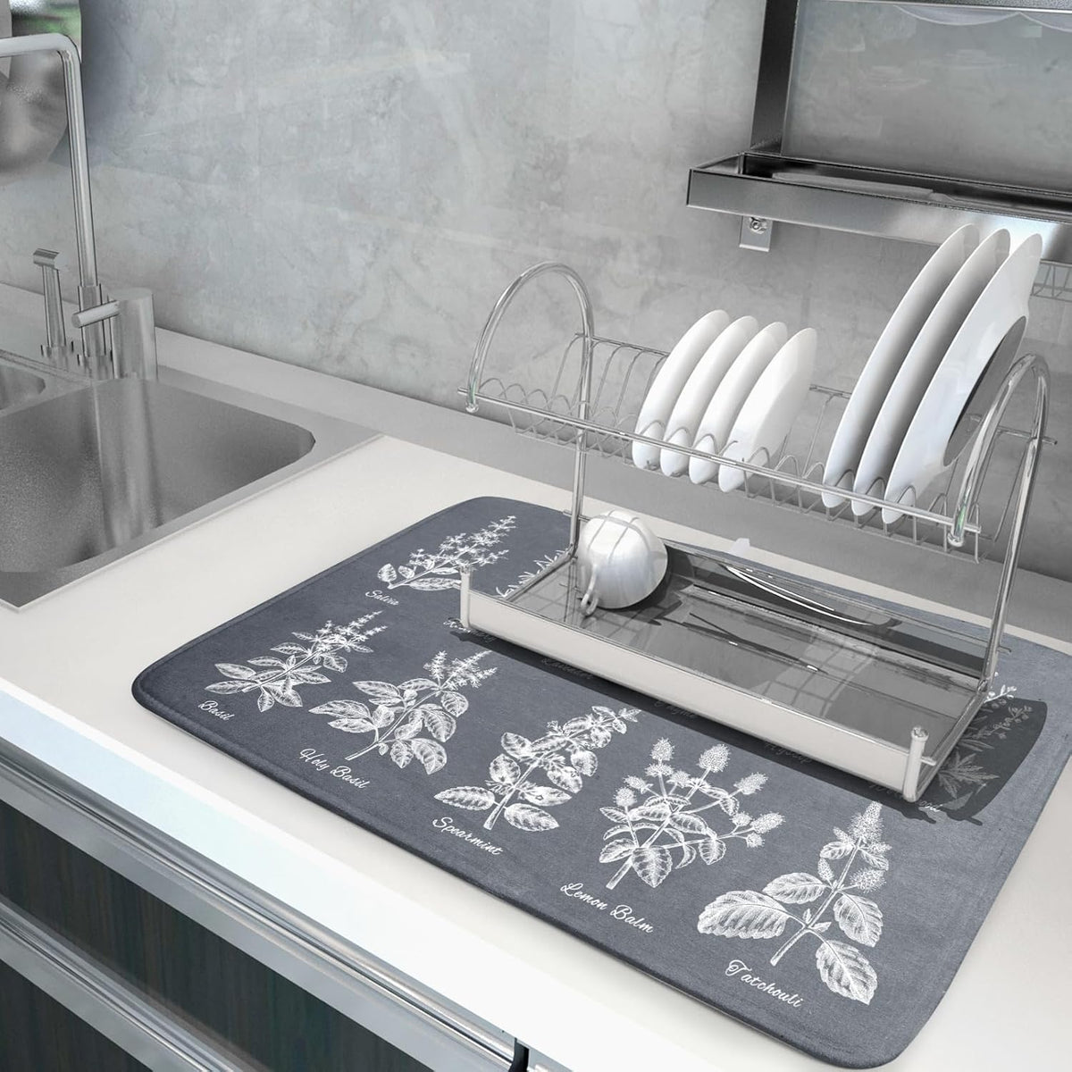 Flower Herbs Dish Drying Mat Wild Plant Dish Rack Mat with Hanging Loop Fast Dry Dish Drainer Pad for Kitchen Counter Sink 18x24 Inch