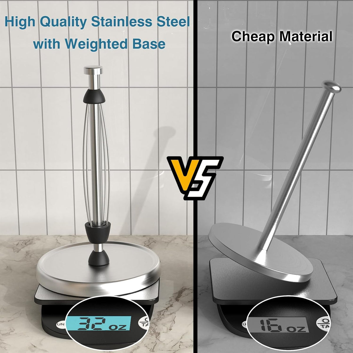 Paper Towel Holder Countertop, One-Handed Tear, Stainless Steel, Weighted Base, Silver, Paper Towel Roll Holder Stand with Ratchet Mechanism for Kitchen Bathroom Farmhouse Essentials Decor Accessories