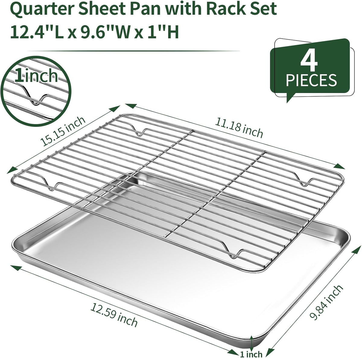 Baking Sheet with Wire Rack Set [2 Quarter Sheet Pans + 2 Wire Racks ], CEKEE Stainless Steel Cookie Sheets for Baking with Baking Rack, Non Toxic & Heavy Duty & Easy Clean, Size 12 x 10 x 1 Inch