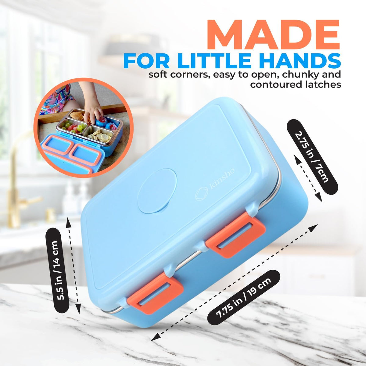kinsho Stainless Steel Lunch Box for Baby Toddlers Boys, Mini Bento, 3 Eco Metal Portion Sections Leakproof Lid, Pre-School Daycare Lunches, Kids Spill-Proof Snack Container, 18 oz/550 mL, Blue