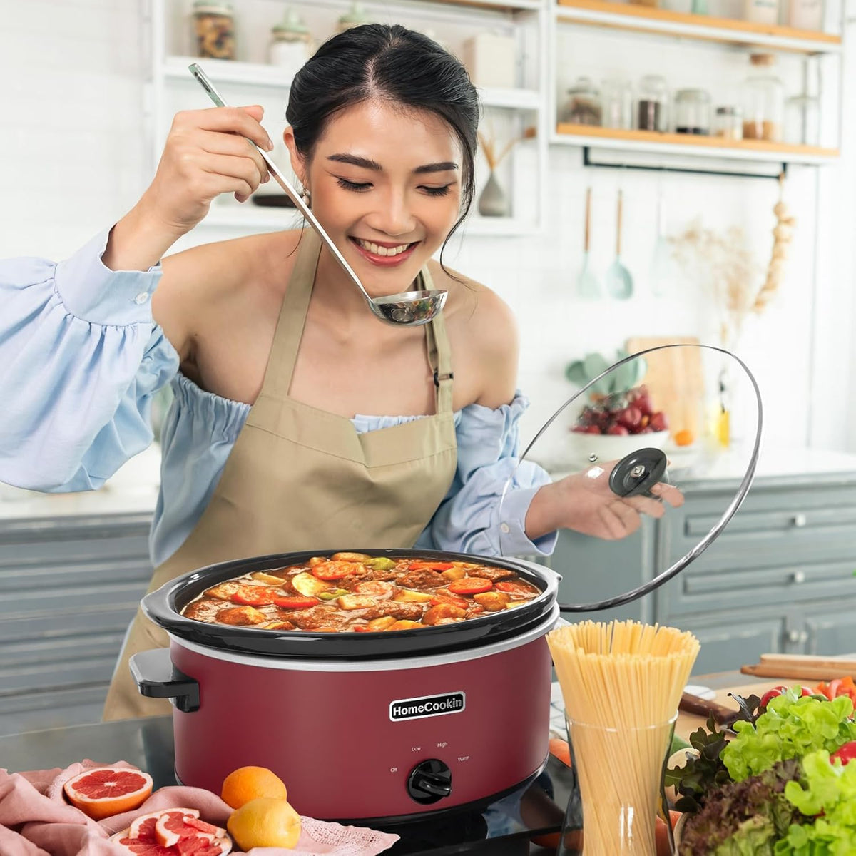 HOMECOOKIN 6 Quart Slow Cooker Oval Manual Pot Food Warmer with 3 Cooking Settings, Red Stainless Steel