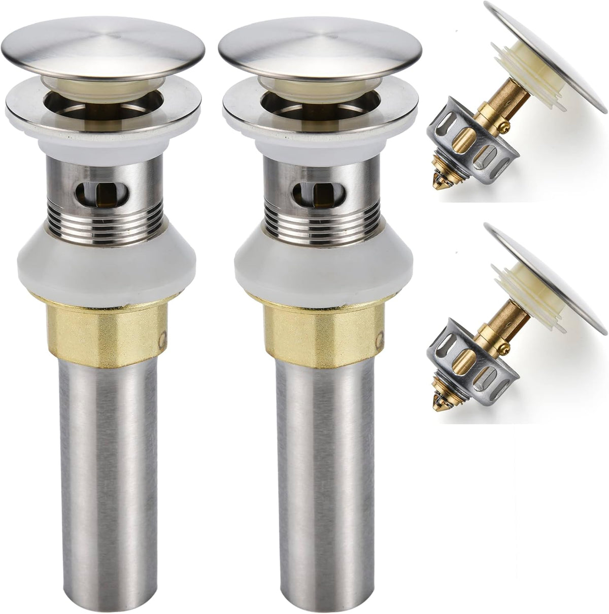Bathroom Sink Drain,2 Pack Drain Stopper Bathroom Sink with Overflow,Pop Up Drain Assembly with Detachable Strainer Basket,Built-in Anti-Clogging Strainer,Stainless Steel Brushed Nickel
