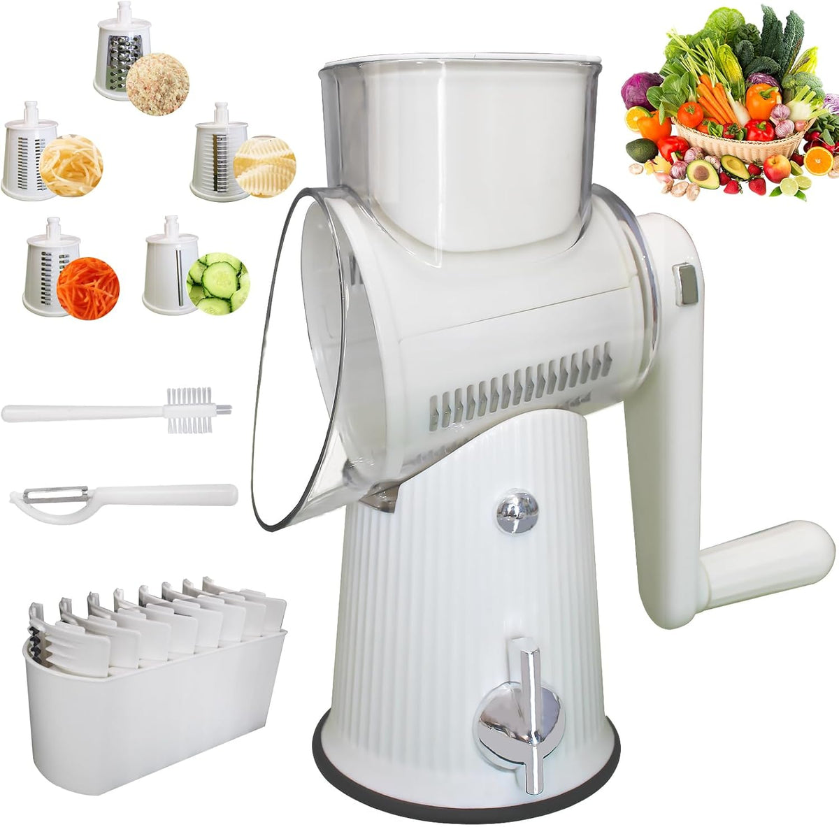 Rotary Cheese Grater,Multifunction 5 In 1 Chopper Vegetable Cutter Slicer, Round Mandoline Drum Slicer,Cheese Shredder,Grater With Handle,Easy to Clean Kitchen Gadgets with Storage Box