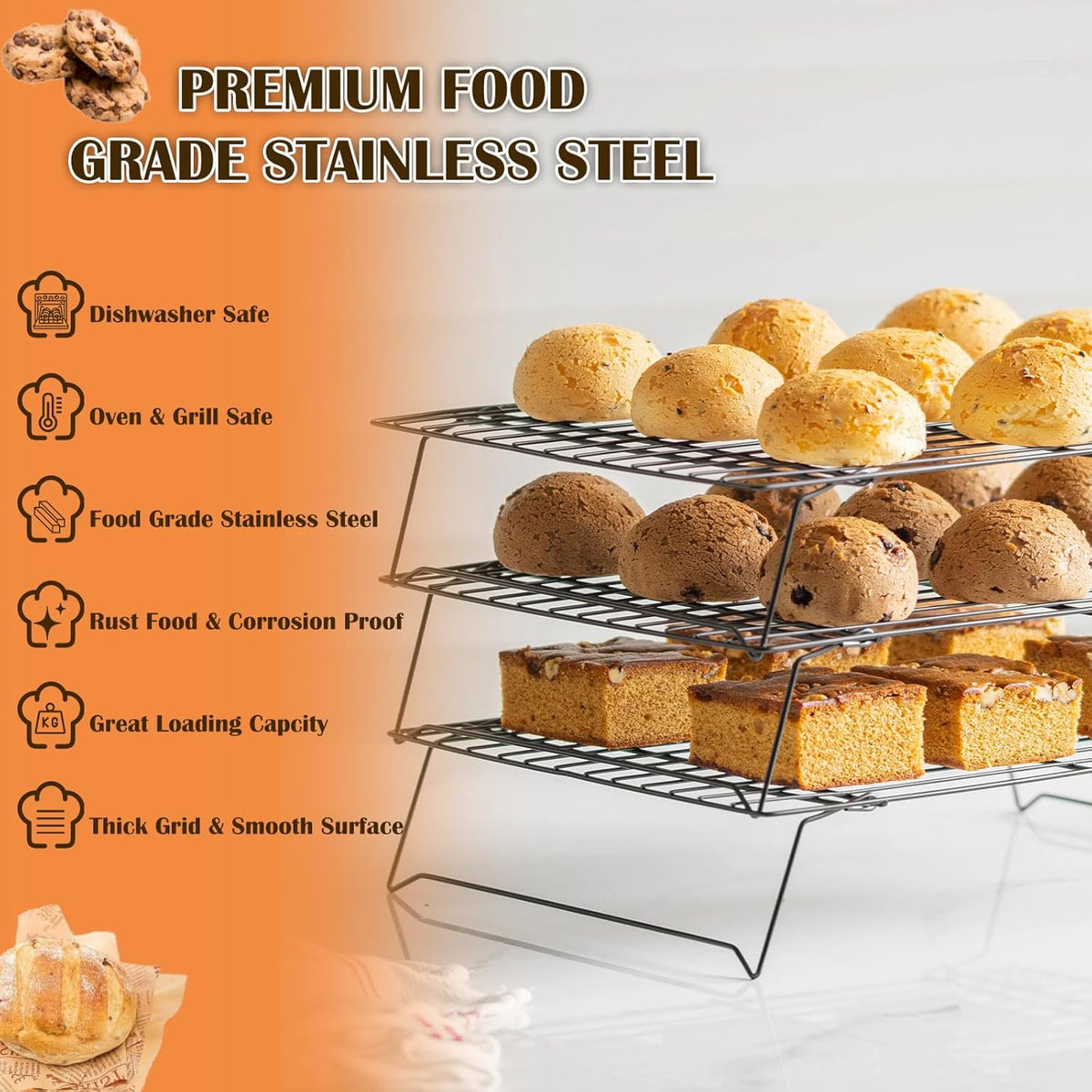 1Pcs Cooling Rack Baking, 13 x 9.6 inches Stackable Baking Rack for Oven Cooking, Heavy Duty Stainless Steel Wire Rack for Baking, Oven & Dishwasher Safe - Black