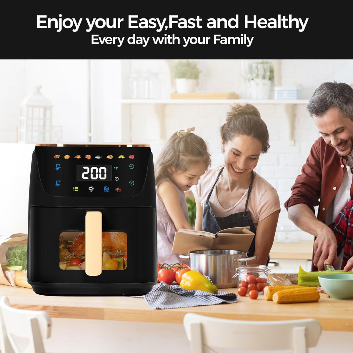 Panana 8QT Large Air Fryer Compact, 8 Preset Menus Airfryer, One-Touch Digital Control Presets, Touchscreen Display, Dishwasher Safe, Nonstick, Fit for Family (Black)