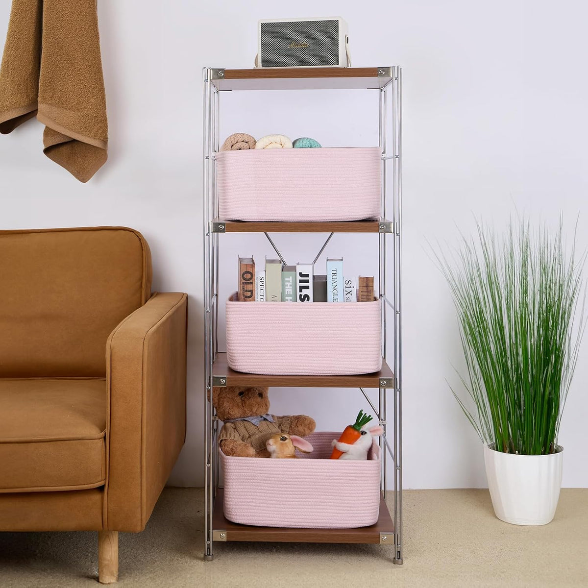 Large Storage Baskets for Organizing, Closet Shelf Baskets for Clothes Blanket Towels, Baby Nursery, Toy Bins Box, Woven Rope Baskets, 17 x 13 x 7.5”, 4 Packs Light Pink
