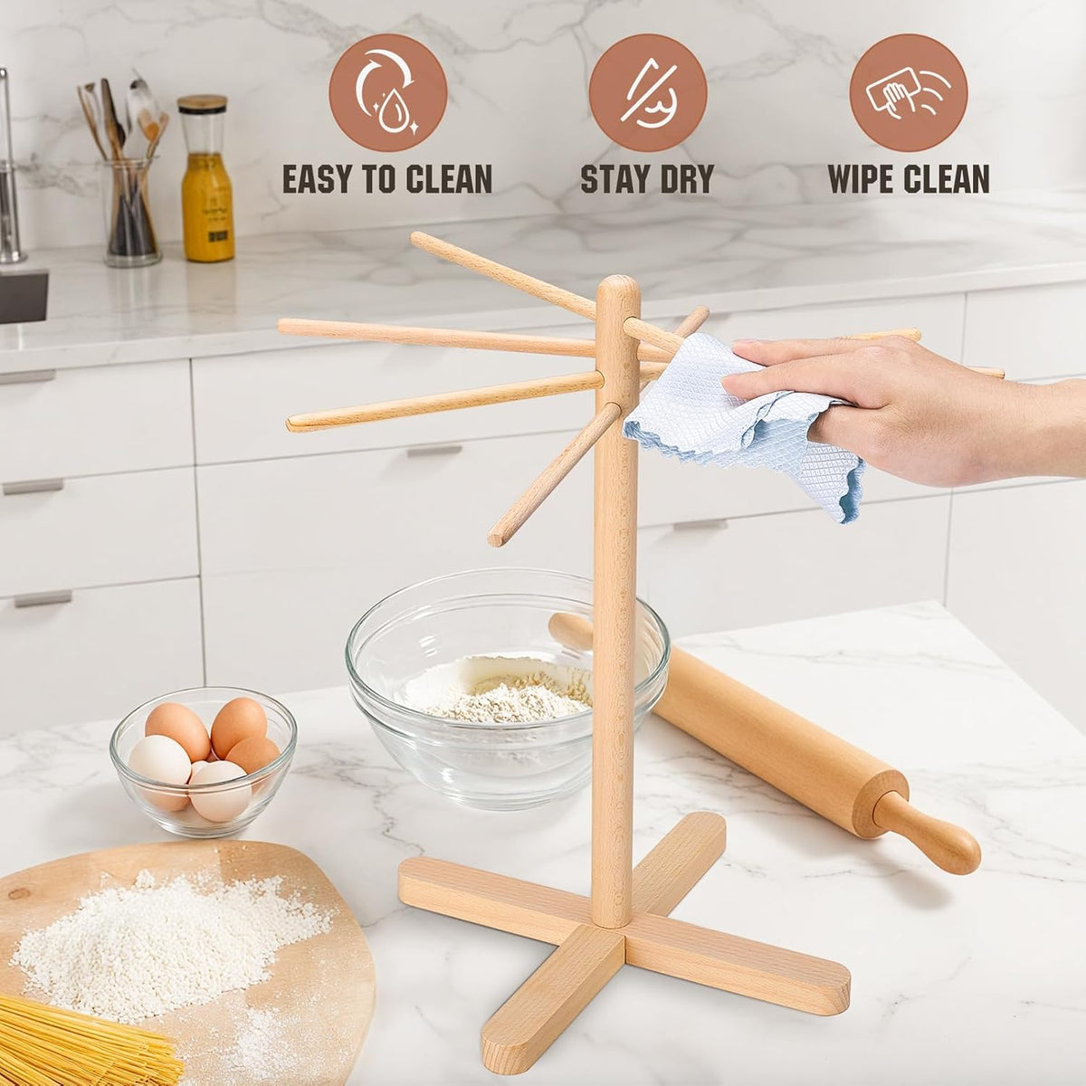 Pasta Drying Rack, Collapsible Pasta Drying Rack For Spaghetti, Easy Storage Homemade Stand Dryer Hander For Fresh Noodle, Natural wood