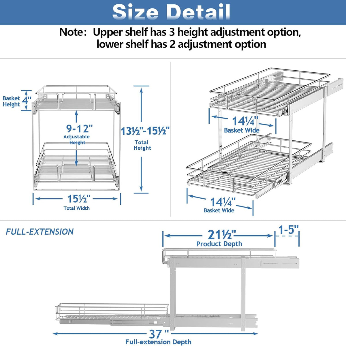 ROOMTEC Individual Pull Out Cabinet Organizer (15½" W x 21½" D), 2 Tier Spice Rack Organizer for Cabinet, Slide Out Drawer Pantry Shelf Organization and Storage for Kitchen Bathroom