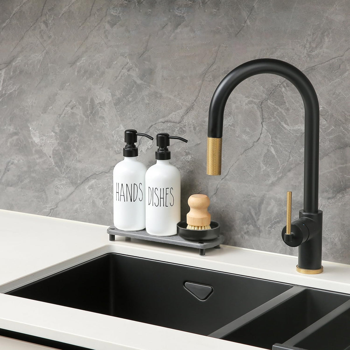 MOMEEMO White Soap Dispenser Set Comes with Stainless Pumps, Black Instant Dry Tray, and Dish Scrub Brush, Suitable for Kitchen Decor and Accessories. (White & Black)