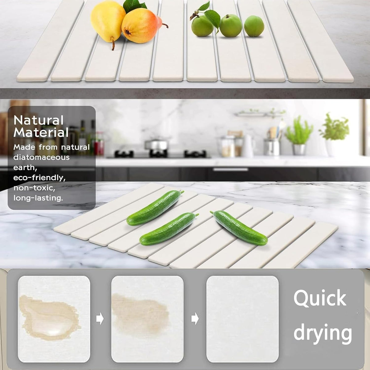 Stone Drying Mat for Kitchen Counter, Stone Dish Drying Mat Foldable, Super Absorbent Diatomaceous Earth Quick-drying Draining Mat for any Kitchen Countertop (White B, 23.6”x15.4”)