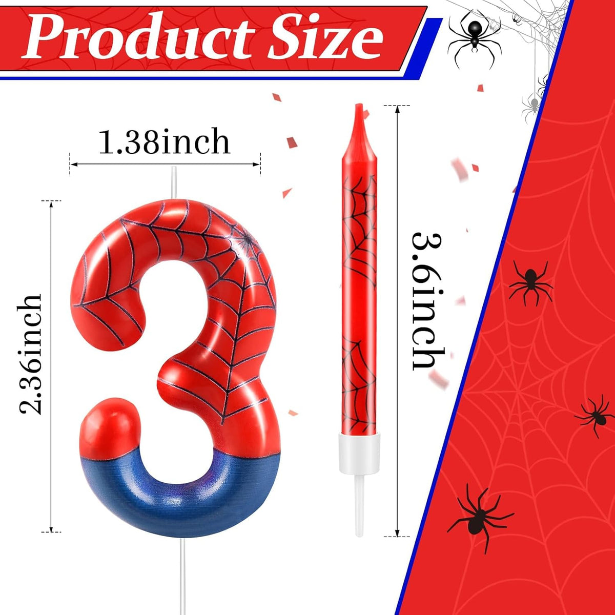 13 Pcs Spider Themed Birthday Candle Set Red Spider Theme Number 3 Candle Cake Topper for Boys Girls Birthday Decoration Spider Party Decoration Supplies (Number 3)