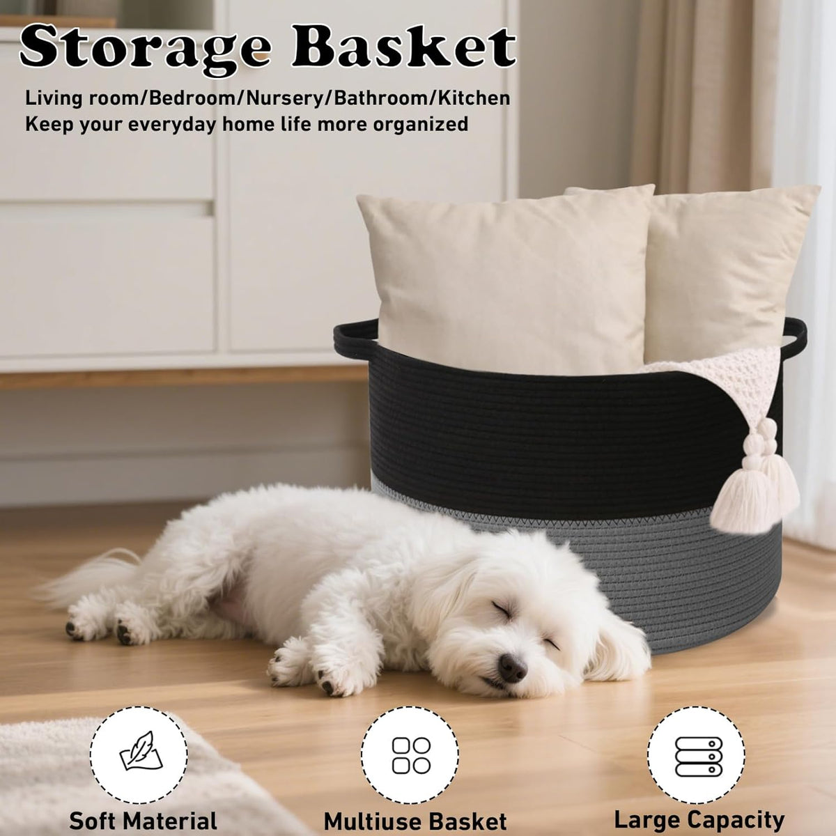Large Blanket Basket for Organizing,65L Closet Organizers and Storage Bins Box for Shelves Woven Rope Storage Baskets,Living Room,Bedroom,Dorm,Laundry room (Black&Dark Grey)