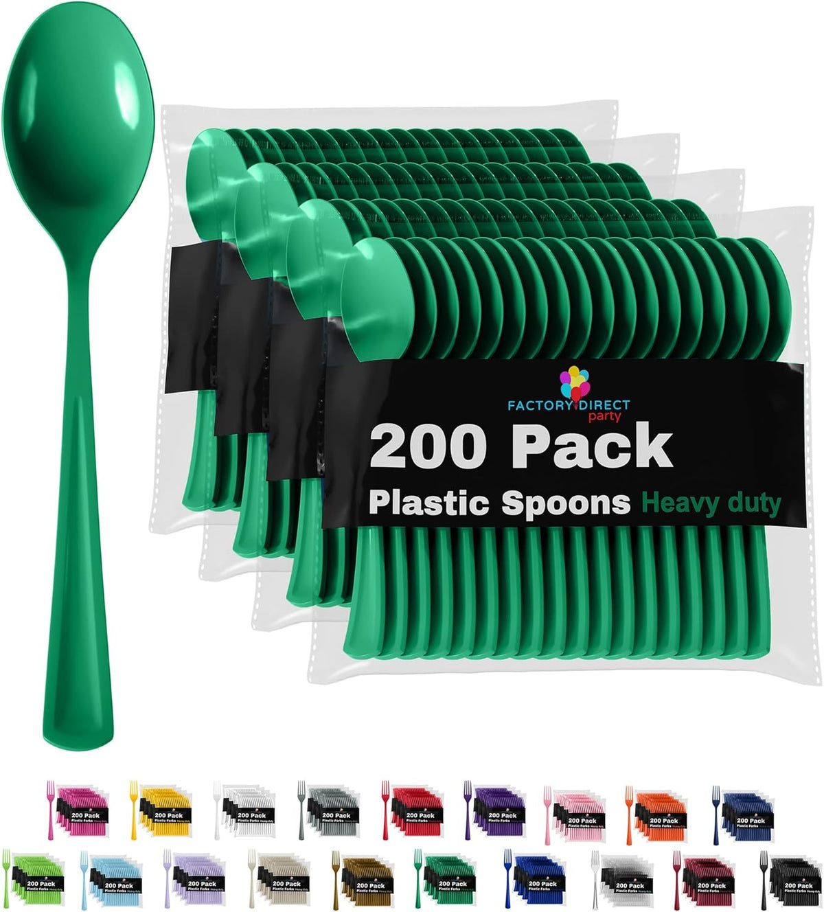 Party Solids Disposable Emerald Green Plastic Spoons 200 Pcs - Heavy Duty Modern Plastic Disposable Cutlery