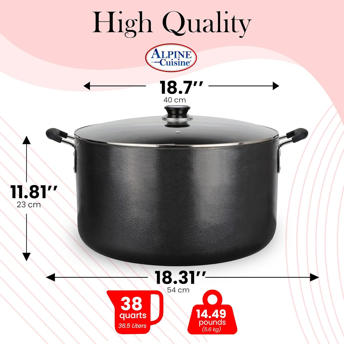 Alpine Cuisine 38 Quart Non-stick Stock Pot with Tempered Glass Lid and Carrying Handles, Multi-Purpose Cookware Aluminum Dutch Oven for Braising, Boiling, Stewing