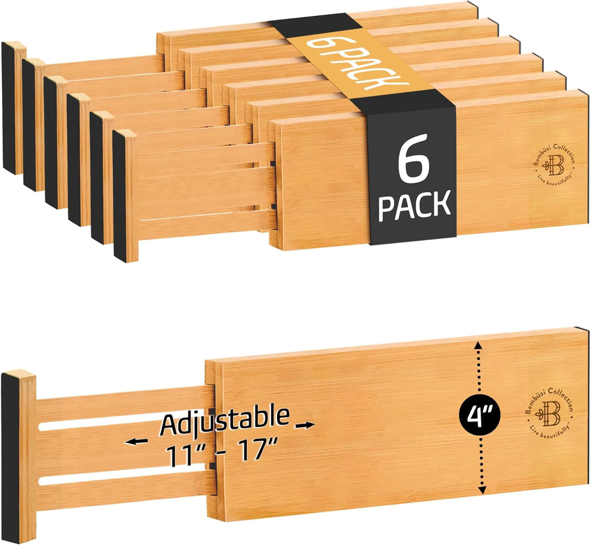 6 Pack Drawer Dividers 4 Inch High, 11”-17" Adjustable Bamboo Organizers Large Expandable Drawer Separators for Cloths, Dresser, Bedroom, Bathroom, Baby Drawer, Office & Kitchen Utensils (Natural)