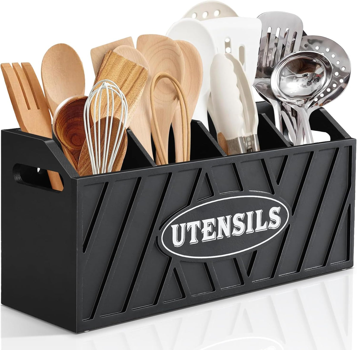 Large Wooden Utensil Holder, Black, 4 Compartments, Countertop or Wall Mount, Kitchen Gadget Organizer